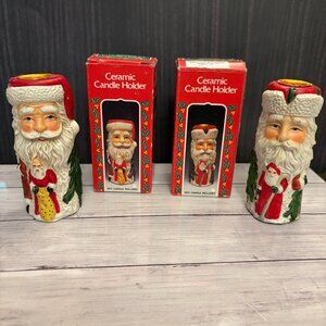 Santa Claus Old World Ceramic Set of 2 Candle Holders with Box (SKU 97MI)